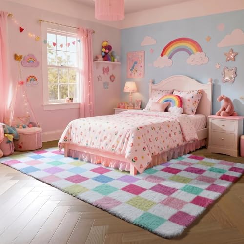 Image of KICMOR Checkered Rug 8x10 for Living Room, Rainbow Colorful Fluffy Soft Large Area Rug Fuzzy Shag Shaggy Bedroom Carpet, Cute Indoor Plush Rugs for Kids Girls Boys Dorm Nursery Home Decor Aesthetic