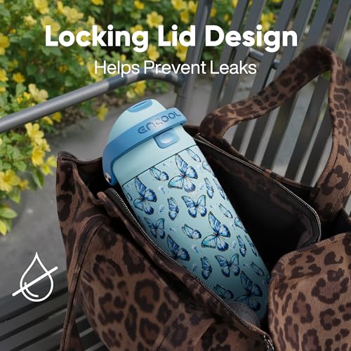 Image of ENCOOL Leakproof Insulated Water Bottle with Straw Dual-Sip Water Bottle Bag-Safe Design for Work, Commute & Gym - Keeps Drinks Cold All Day, 32 oz, Glacier Butterfly