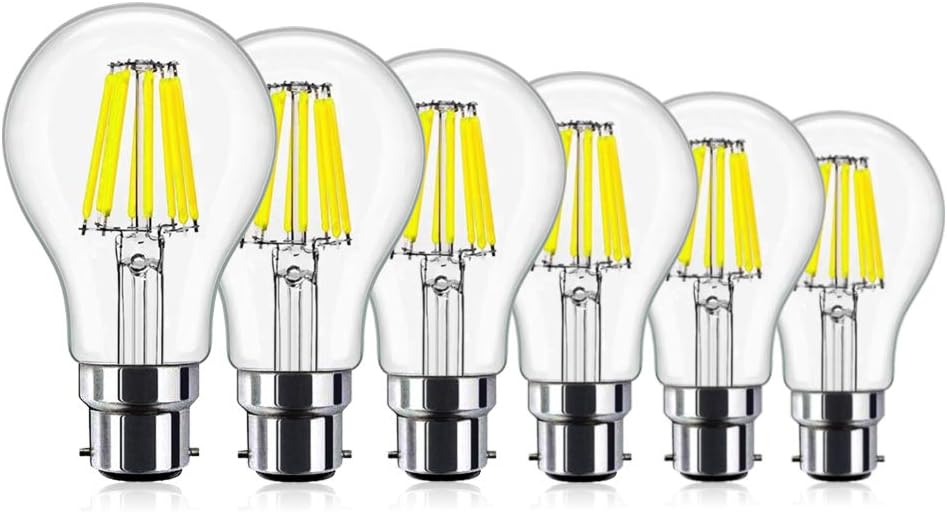 CREATE BRIGHT 8W Dimmable LED Filament Light Bulb,A60 GLS Bayonet B22 LED Retro Classic Bulb,Energy Saving LED Bulbs,Vintage LED Light Bulb Edison Bulb,Daylight(6400k)，Pack of 6 [Energy Class A+]