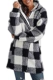 ReachMe Womens Fleece Zip Up Jacket with Pockets Black and White Plaid Coat Sherpa Lined Coats Gifts for Women(03 Black White Plaid,2XL)