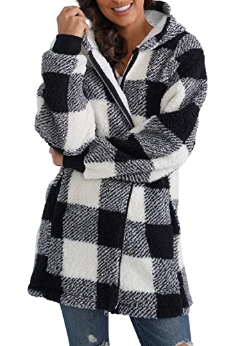 ReachMe Womens Fleece Zip Up Jacket with Pockets Black and White Plaid Coat Sherpa Lined Coats Gifts for Women(03 Black White Plaid,2XL)