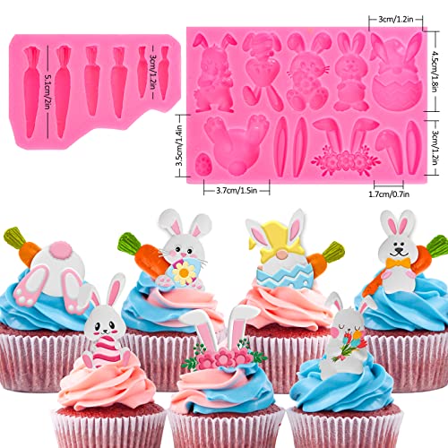 Whaline 2Pcs Easter Fondant Molds Cute Bunny Pattern 3D Silicone Moulds Assorted Rabbit Carrots Flowers Resin Molds Easter Cupcake Cookie Baking Decorating Moulds For Spring Holiday Party Diy Candy #TOP1