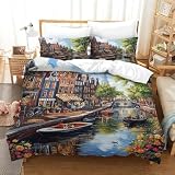 XPASHIQWC Canal de Ámsterdam Juego De Sábanas Decorativas De 3 Piezas con Edredón Impreso En 3D House Ship Funda De Almohada Y Cremallera para Dormitorios Infantiles Double（200x200cm）