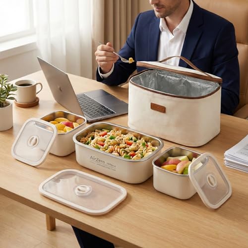 Image of Lunch Box Stainless Steel Leakproof Insulated Tiffin Box with Thermal Bag, 2750ML Large Capacity 3-Container Meal Prep Lunch Box for Office School Travel, Beige