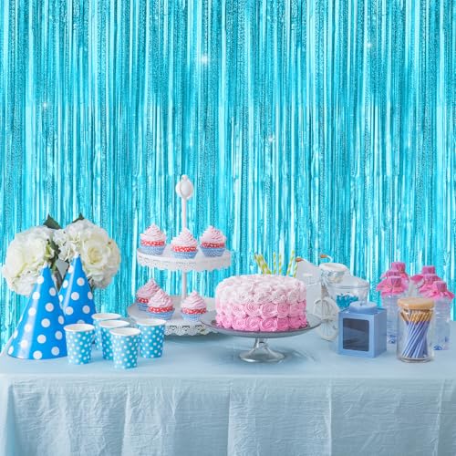 Image of Light Blue Metallic Tinsel Foil Fringe Curtains Backdrop 2Pack 3.3x8.3Ft Blue Party Streamers for Birthday Party Decorations Halloween Christmas Decors Foil Curtain Backdrop for Bachelorette Wedding