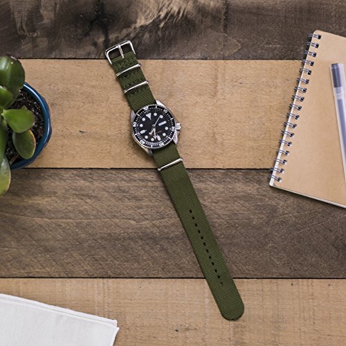 Benchmark Basics Nylon Watch Band - Waterproof Ballistic Nylon One-Piece Military Watch Straps for Men & Women - Choice of Color & Width - 18mm, 20mm, 22mm or 24mm (20mm, Army Green)