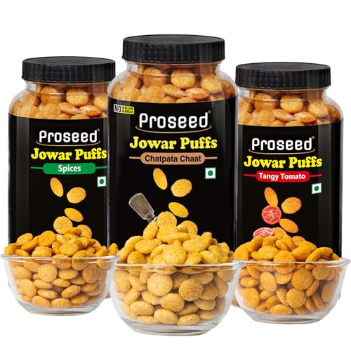 Image of Proseed Jowar Puffs (Spices, Chatpata Chaat & Tomato) | 150g x 3 Packs (Total 450g) | Slow Roasted & 100% Veg | No Refined Flour, Sugar & Trans-Fat | Gluten Free | No Palm Oil | Healthy Millet Snacks