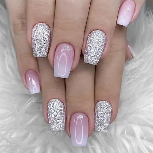 BAOYAALIN French Gradient Pink White Press on Nails Short Medium Coffin Ombre Fake Nails with Glitter Design Glue on Nails for Women Girls Acrylic Ballerina Nails Stick on Nail for Wedding 24Pcs