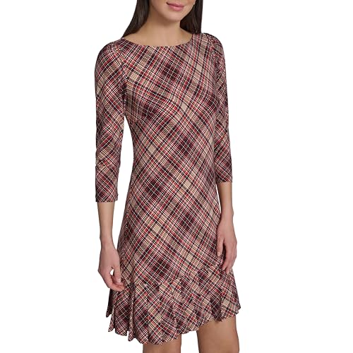 Image of Tommy Hilfiger Women's 3 /4 Sleeve High Neck Ruffle Trim Jersey Mini Dress