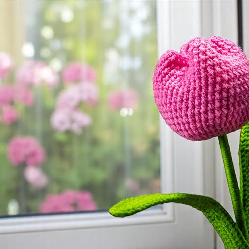 Image of Tulip Crochet Flowers | Handcrafted Artificial Faux Woolen Flower with Long Stem | Natural Looking Knitted Flower for Home, Living Room, Vase & Bouquet Decoration & Gifting | Pink- 2 Pcs