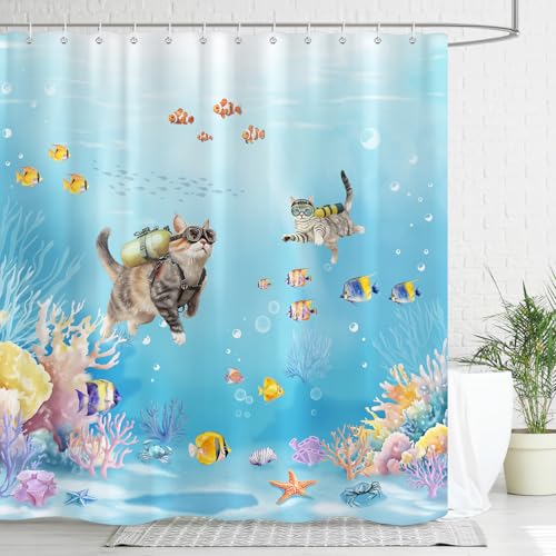 Dazzlewall Rideau de Douche Chat Plongeur 180x180cm, Rideaux de Douche Décoration Maritime à Récif Corallien, Tissu Polyester Imperméable Lavable pour...