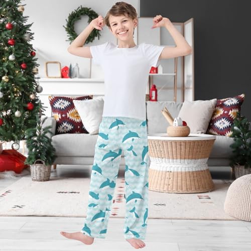 Boy's Pj Pants Blue Green Jumping Dolphin Lock Lounge Bottoms Elastic Waist Kids Joggers with Pockets Size 6-142
