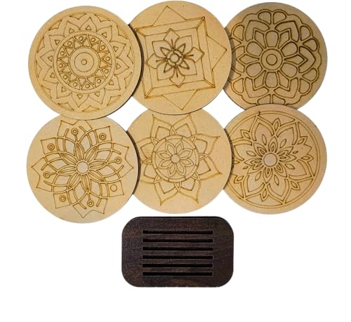 Image of DIY Mandala Art Wooden Coaster Set - Pack of 6 with Stand | Size- 4 inch | Pre-Marked for Painting | Fun Craft Kit for Kids & Adults | Ideal for Art, Gifts & Home Decor (DIY Cost 002)