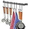 JEPRECO Kitchen Rail with 10 Hooks, Wall Mounted Iron Utensil Holder Hanging Pot Pan Rack Mug Cup Organizer,17 Inch Black