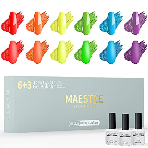 Maestee 9 Pcs Gel Nail Polish Kit, 6 Colors (8ml) with Base and Top Coat and Matte Top Gel (8ml) Neon Nail Polish Hot Ne
