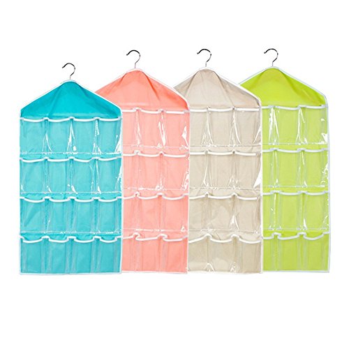 4 Pack Storage Organiser, XGZ 16 Pockets Hanging Closet Wardrobe Storage Bra Underwear Socks Ties Organiser (Green,Yellow,Pink,Blue)