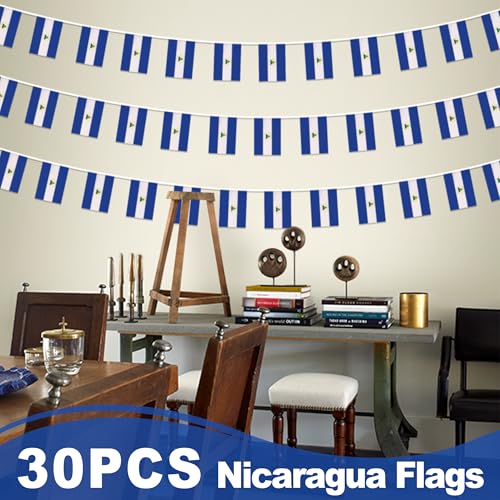 Image of Nicaragua String Flag Pennant Banner, Small Mini Nicaraguan Flags Bunting Banner, National Country Decoration for School, Party, Sports Events, Patriotic Festival, 33 Feet 30 Flags