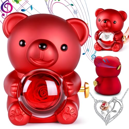 Regalo San Valentin Mujer, Oso Rosa Eterna con Collar, Osito Rosa Eterna con Caja Música Manivela Incorporada, Regalo Navidad, Gift Mujer Cumpleaños para Novia, Mama, Gift Originales Aniversario