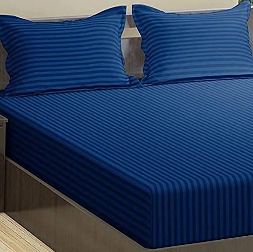 Image of Trance Home Linen 200 TC Pure 100% Cotton Bedsheet Set of 4pcs-(1 King Size Fitted Sheet + 1 King Size Flat Sheet and 2 Pillow Covers,Dark Blue)
