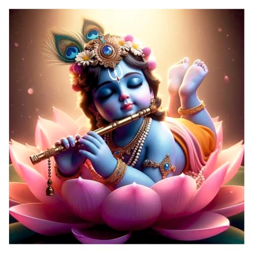 Image of Techgifti Little Baby Krishna In Pink Lotus Flower God Wall Poster For Pooja Room,Living Room,Office (Size - 45Cm X 45Cm)