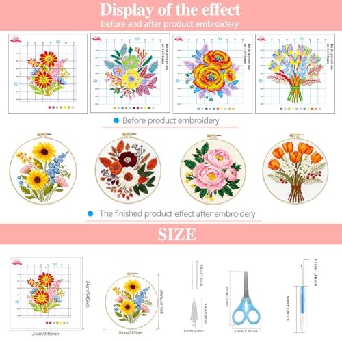 Image of Zhenqing 4-Piece Floral Cross Stitch Kit for Beginners - Complete Set with Pre-Printed 11CT 24x24cm Fabric, Hoop, Threads & Tools (Sunflower, Peony, Tulip Designs)(70362)