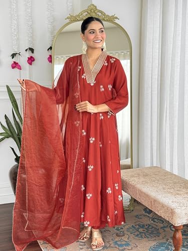 Image of ANNI Designer Women's Viscose Silk Anarkali Printed Kurta with Pant & Dupatta | Festive Ethnic Suit Set for Women | Printed Anarkali Kurti Pant Dupatta Set | Elegant for Ladies