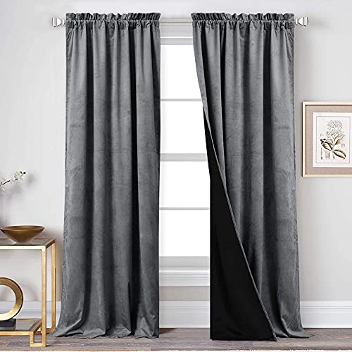 StangH 100% Blackout Grey Velvet Curtains - Super Soft Velvet Fabric with Black Liner Thermal Insulated Lined Double Layer Window Drapes for Bedroom / Office / Hotel, W52 x L84 inch, 2 Panels