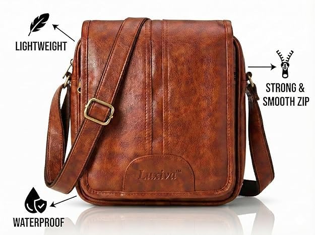 Image of Men's Leather Sling Bag Crossbody Messenger Shoulder Bag | Stylish Office Travel Side Bag with Multiple Compartments, Adjustable Strap & Secure Pockets for Daily Use