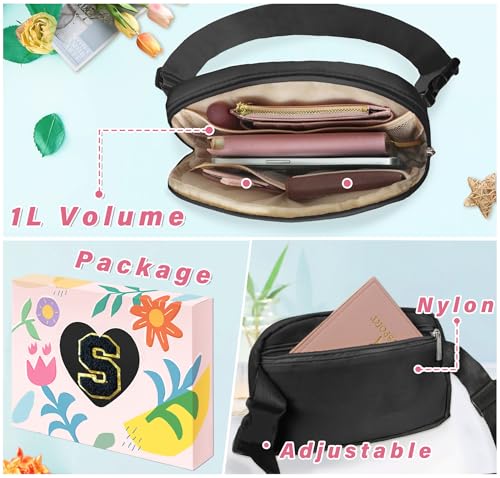 Image of COSHAYSOO Valentines Birthday Initial Gifts for Teen Boys 5 6 7 8 9 10 11 12 13 14 Year Old Black Fanny Pack for Women Belt Bag Crossbody Travel Purse Monogrammed Unique Trendy Stuff Chenille Letter S
