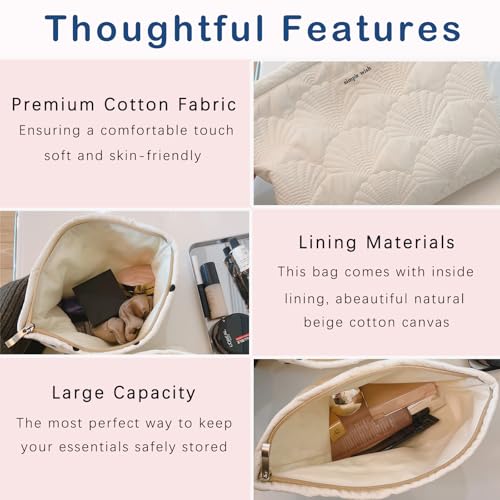 Quilted Cotton Coquette Makeup bag, Coastal Granddaughter Aesthetic Cosmetic Bag, Cute Seashell Portable Travel Toiletry Pouch (01White)3