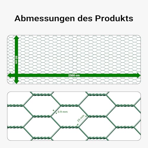 Wiltec Maschendrahtzaun Grün 60 cm x 25 m, 0,9 mm Stärke 25x25 mm Maschengröße, Volierendraht 6-Eck aus Stahl verzinkt, Drahtgitter, Vogeldraht