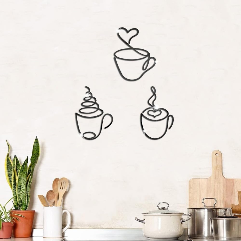 3Pcs Black Acrylic Wall Decor Stickers Coffee Cup Pattern Peel and Stick Wallpaper Stickers Art Decoration for Coffee Bar Shop Home Office