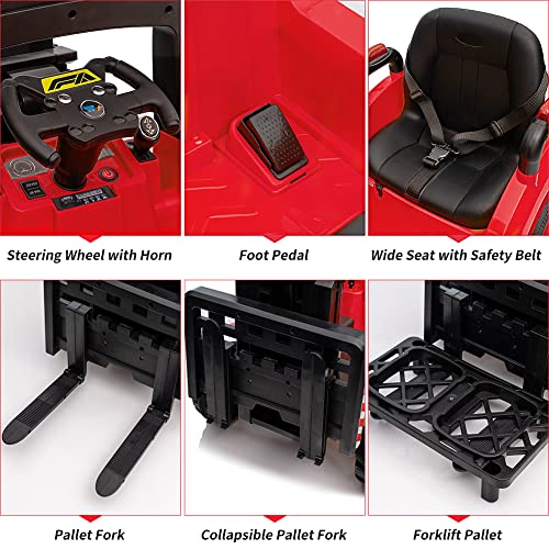 Garvee 12V Electric Ride on Forklift Car with Remote Control, Ride on Car with Liftable Fork and Pallet, High/Low Variable Speed, Music, USB, MP3, and Low-Power Alarm for Boys and Girls(No Tent,Red)
