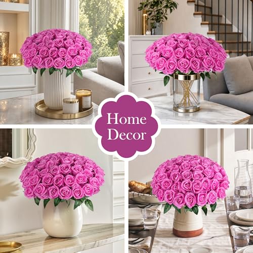 Image of INSPRING 50 PCS Hot Pink Roses Artificial Flowers with Long Stems | Real Looking, Fake Roses, Silk Flowers, DIY Bouquet, Wedding Party Celebration Home Bridal Decoration Gift, for Her Wife