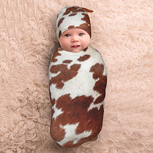 Cow Print Baby Stuff Swaddle Blanket With Hat Set Swaddles Up New Born Soft Transition Receiving Blanket Sleep Sacks For Baby Infant Boys Girls #TOP4
