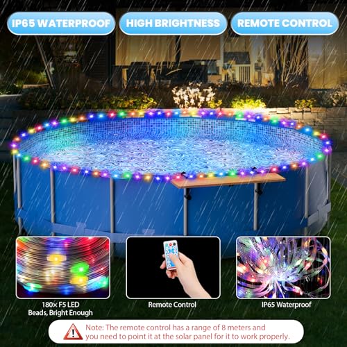 65ft Solar Pool Lights for Above Ground Pools, 180 LEDs Remote IP65 Waterproof Rope String Lights, 8 Color Modes, Swimming Frame Pool Decor Accessories for Outdoor Outside Trampoline Camping - Image 4