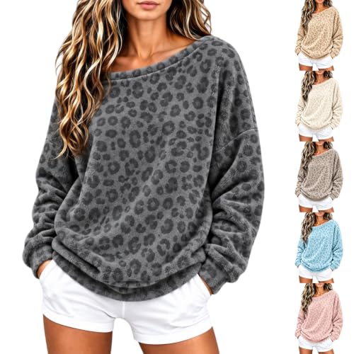 Leopard Print Sweatshirt Women Off Shoulder Oversized Fleece Pullover Tops - image 1