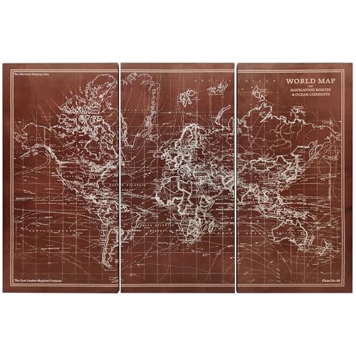 HOMCOM Cuadros en Lienzo Trípticos de Mapamundi Vintage a Mano, 120x60 cm, Cuadros Grandes de Arte de Pared con Marco de Madera, Decoración Elegante para Dormitorio, Salón, Cocina, Marrón