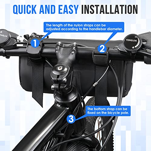 Image of WOTOW Bike Handlebar Bag Waterproof - Bicycle Handlebar Roll Bag with Large Reflective Area, Bike Front Pouch with Waterproof Zipper Shoulder Strap Removable Straps for Cycling (Cylinder, 2.4L)