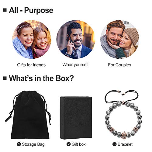 M Mooham Natural Stone Bead Bracelets - Natural Maps Stone Picasso Stone Beads Bracelet, Men Women Stress Relief Yoga Beads Elastic Semi-Precious Stone Bracelet Knight Head Charm Bangle #TOP1