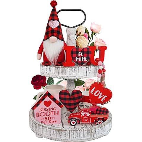 Valentines Day Decor, 6pcs Valentine Gnome Tiered Tray Bundle, Buffalo Plaid Valentine Gnome Plush, 3 Valentine Wood Signs, Valentine Bead Garland, Farmhouse Kitchech Decor, Valentine, New Year Decor Cover