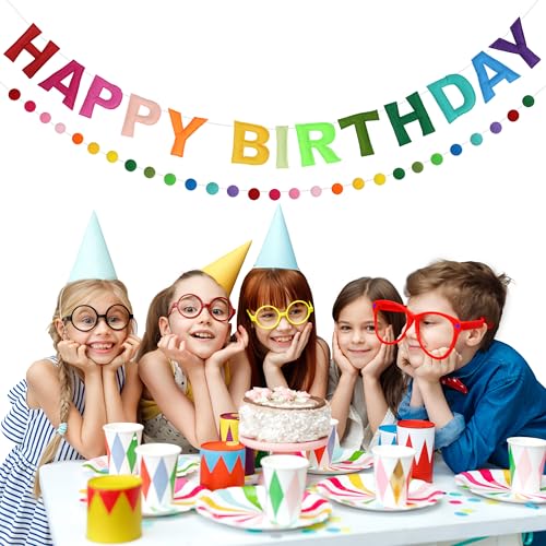 Image of 2 PCS Pre-Strung 3D Felt Happy Birthday Banner - Reusable Rainbow Happy Birthday Decorations Sign, Felt Ball Garland, Pom Pom Garland, Party Decor, Photo Prop (RAINBOW)