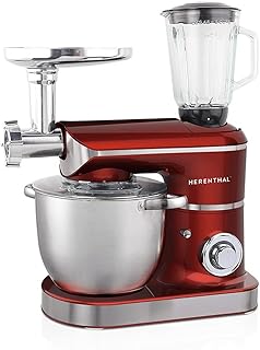 Herenthal Prima linea robot da cucina tripla funzione da 7,5 litri planetaria,, tritacarne, frullatore da 1,5 litri, con motore da 2200W di potenza, di colore rosso utensili inclusi in omaggio