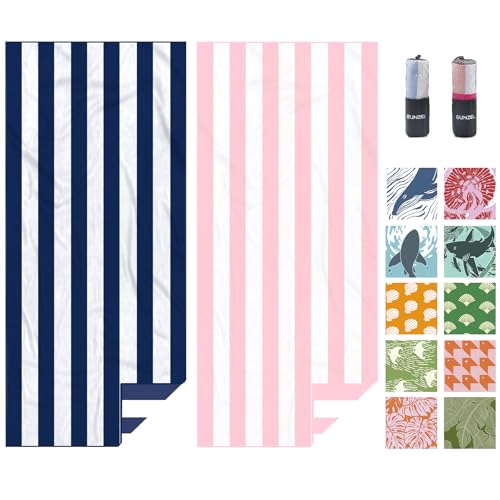 Eunzel 2 Pack Microfiber Beach Towel, Quick Dry Travel Towel Large Sand Free Towel for Beach, Camping, Swim Pool, Gym, Sports& Yoga 71'x32', Stripe Navy & Pink