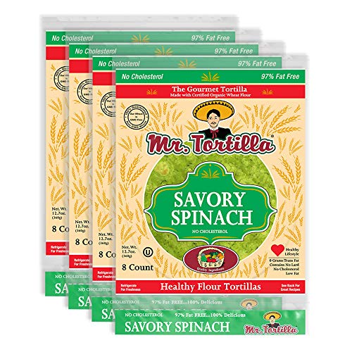 Mr. Tortilla Savory Spinach Tortillas - Fresh Soft Taco Shells - Zero Cholesterol Organic Wheat Flour Burrito Wrap - Herb, Spice, & Vegetable Flavor - Healthy Vegan Thin Food Wraps - 8-Count, 4-Pack