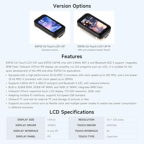 Waveshare ESP32-C6 1.47inch Touch Display Development Board, 172×320 Resolution, 262K Display Color, Supports Wi-Fi 6 / BLE 5, 160MHz RISC-V Processor - Image 5