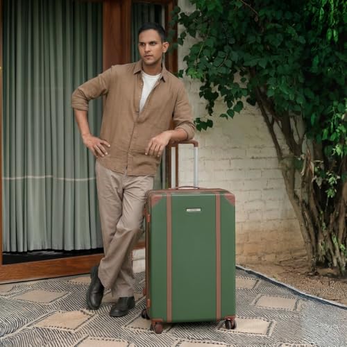 Image of Assembly Vintage 28 Inch (75 cm) Large Check-in Trolley Bag Hard Shell Polycarbonate Suitcase Retro Classic Design with TSA Lock 8 Spinner Wheels Green