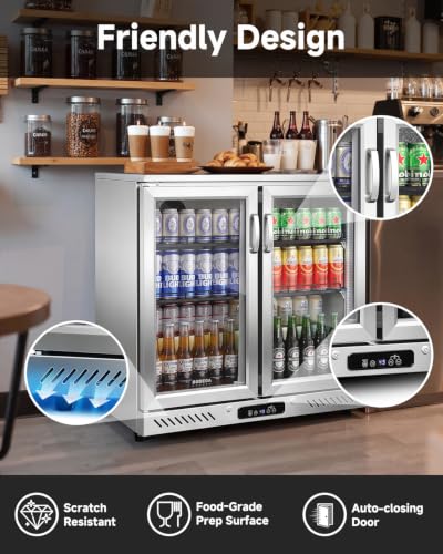 Image of BODEGA 35 inch W Back Bar Cooler Stainless Steel Counter Height Beverage Fridge, 7.4 Cu.Ft Commercial Beer Fridge, 2 Glass Door Display Drink Cooler with LED Light for Bar Pub Night Club