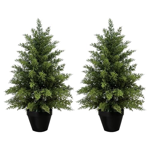 2 Pack 2ft Artificial Cedar Trees for Outdoors (UV Resistant), Potted Faux Cedar Topiary Plants for...