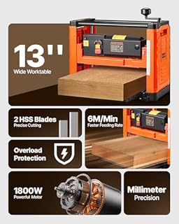 VEVOR Thickness Planer, Two-Blade, 13-Inch Width Worktable Power Benchtop Planer, 1800W 23500 RPM Powerful Motor, Dual Rollers, Over Protection, Single Speed Woodworking, for Hard & Soft Wood Material